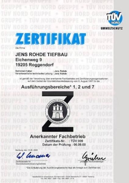 Zertifikat Anerkannter Fachbetrieb Ausführungsbereiche 1, 2, 7 - TÜV Nord Umweltschutz