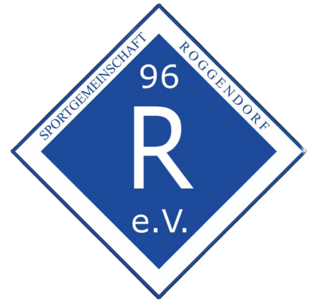 Logo der Sportgemeinschaft Roggendorf 96 e.V. in Form einer blauen Raute mit weißem Rand. In der Mitte ein großes weißes "R", darunter "e.V.", darüber die Zahl "96". Im Rand steht oben "Sportgemeinschaft" und unten "Roggendorf".